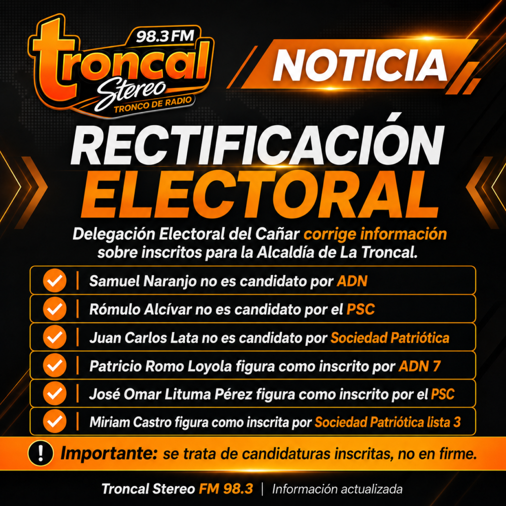 Delegación Electoral del Cañar rectifica información sobre inscritos para la Alcaldía de La Troncal