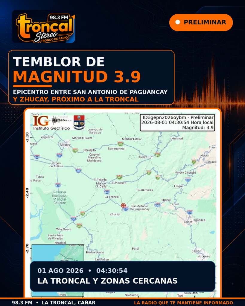 Sismo de magnitud 3.9 se registró la madrugada de este sábado en zona cercana a La Troncal