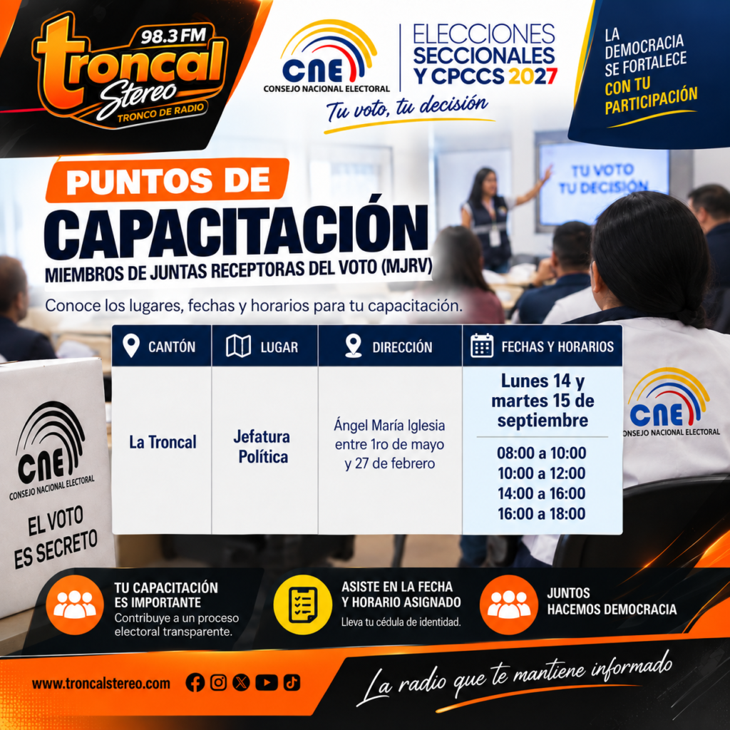 CNE habilita puntos de capacitación para Miembros de las Juntas Receptoras del Voto en La Troncal