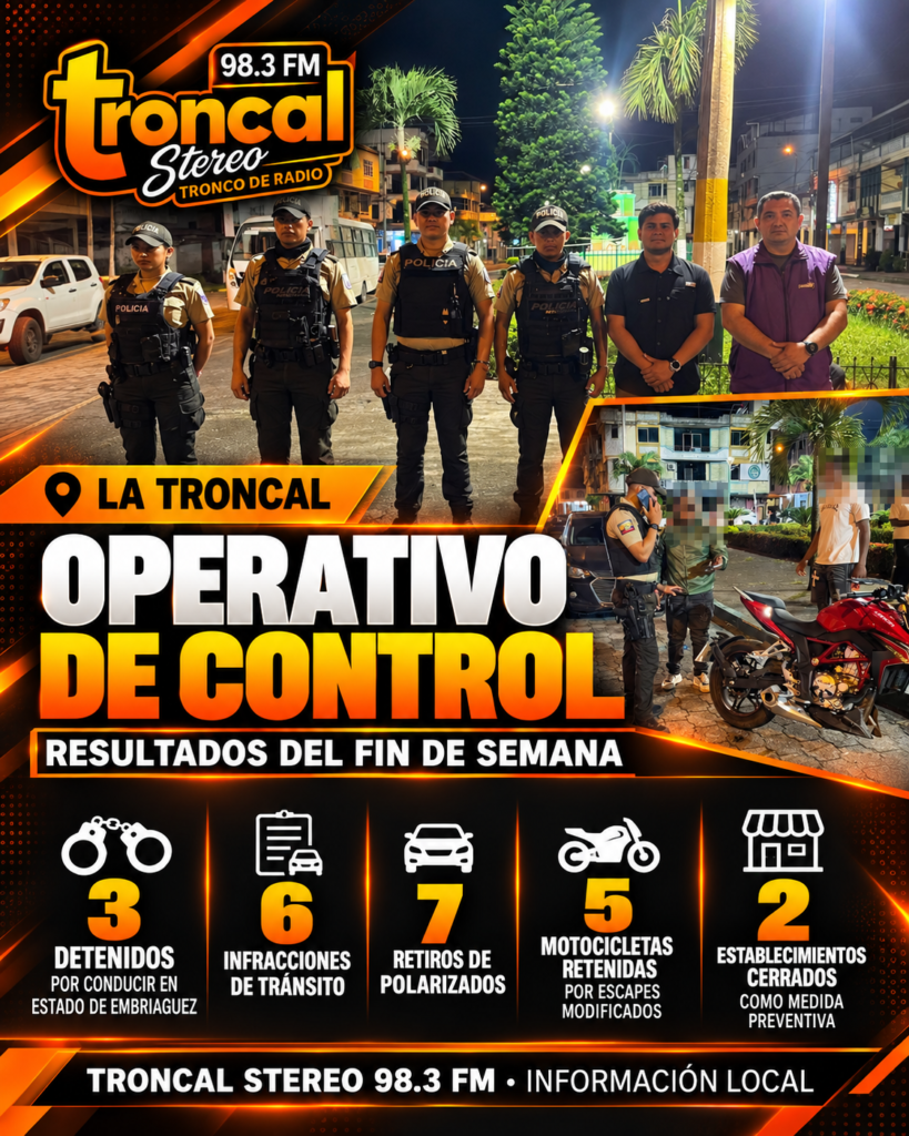 Operativo de control en La Troncal dejó tres detenidos por conducir en estado de embriaguez y varias sanciones